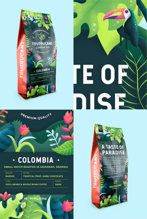 Toutoucans – Packaging Of The World Coffee Bag Design, Packaging Label Design, Design Café, Desain Editorial, Graphic Design Packaging, Box Packaging Design, Food Packaging Design, Tea Packaging, Packing Design