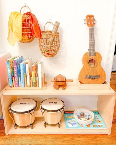 Montessori Music Corner, Montessori Music Shelf, Playroom Music Area, Kids Music Corner, Montessori Practical Life Shelf, Montessori Stations At Home, Montessori Reading Nook, Montessori Reading Corner, Montessori Shelf Work