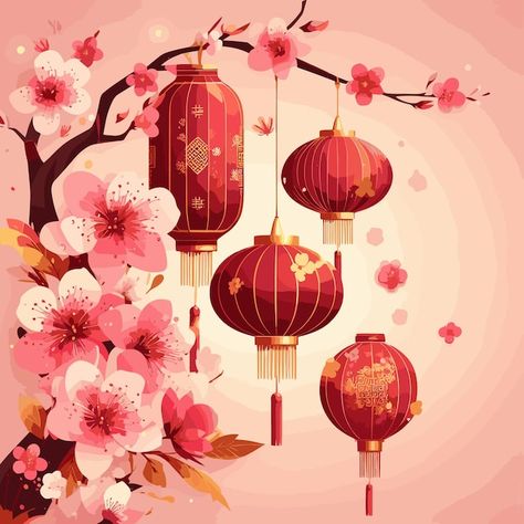 New Year Card Ideas, Chinese Happy New Year, Chinese New Year Flower, Chinese New Year Card, Greeting Card Inspiration, Flowers Ideas, Sakura Flower, Mooncake, Moon Cake