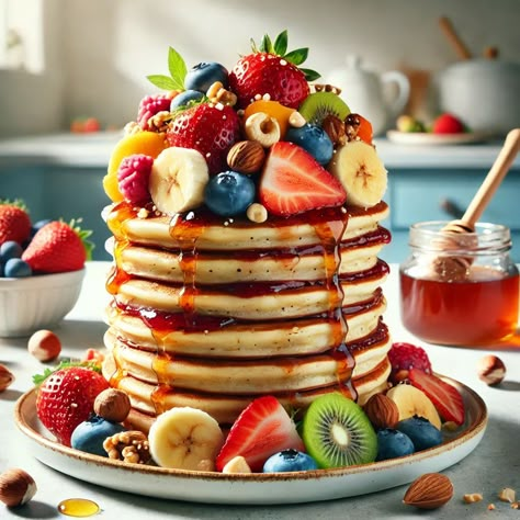 Pancakes with natural jam, fruits, and nuts Breakfast Fruit, Veggie Breakfast, Healthy Pancakes, Human Sculpture, Sweet Lover, Fruit Breakfast, Pancakes Healthy, Nutritious Breakfast, Balanced Meals