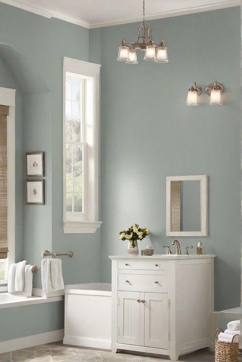 Bathroom Dye Ideas, Bathroom Wall Color Sherwin Williams, Serene Bathroom Colors, Sw Stardew Bathroom, Blue Paint For Bathroom Walls, Bathroom Wall Colors With White Cabinets, Small Half Bath Paint Colors, Best Paint Colors For Bathroom Walls, Pale Blue Bathroom Walls