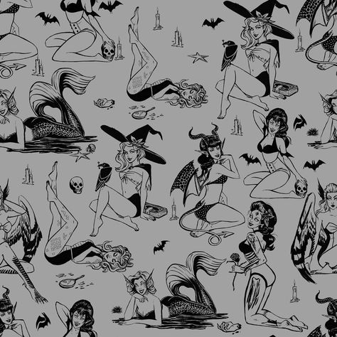 Halloween Pinup, Halloween Pin Up, Pin Up Drawings, Scary Wallpaper, Doodle Tattoo, Spooky Tattoos, Witchy Wallpaper, Pin Up Tattoos, Vibes Art