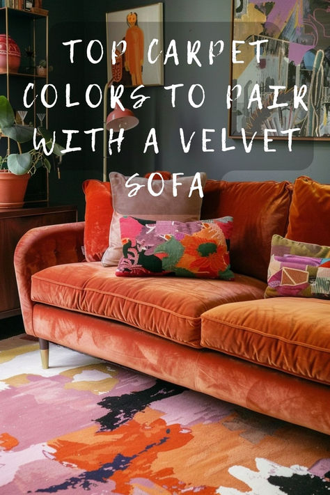 Choosing a carpet for your velvet sofa? 🛋️🏡 Click to find out which colors complement velvet's luxe texture! #CarpetChoices #VelvetSofa #InteriorDesign #HomeDecor #LivingRoomIdeas Orange Velvet Sofa Living Room Ideas, Copper Velvet Sofa, Terracota Velvet Sofa, Living Room With Emerald Green Sofa, Rust Velvet Sofa, Velvet Couch Living Room Ideas, Emerald Green Velvet Sofa, Rust Sofa, Orange Velvet Sofa