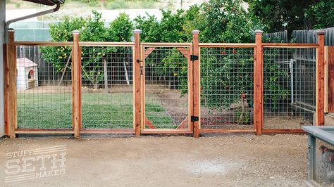 redwood-fence-welded-wire-mesh-hogwire-cattle-fencing-stuff-seth-makes Hog Panel Fencing, Cattle Fencing, Wire Fence Panels, Hog Wire Fence, Redwood Fence, Welded Wire Fence, Cattle Panels, Wire Mesh Fence, Deer Fence