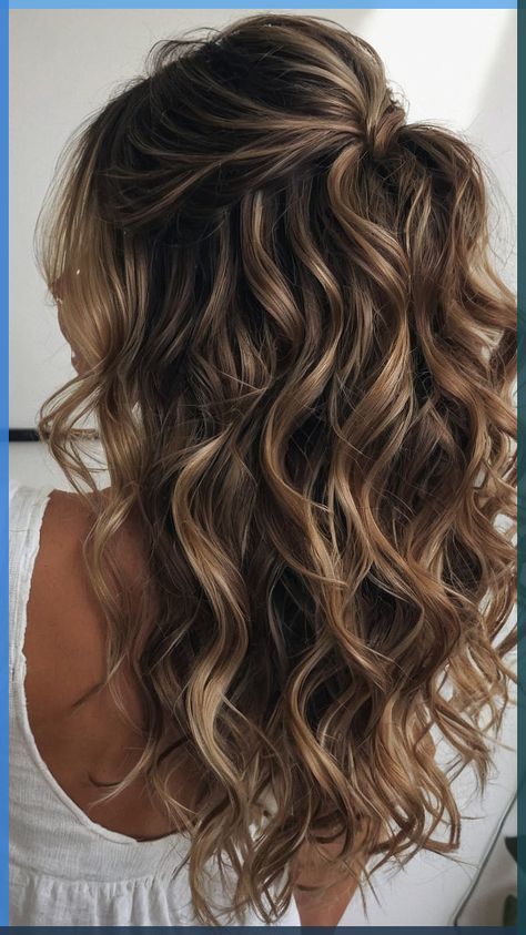 Brown Hair With Highlights Wedding Hair, Curled Hair Styles For Weddings, Curled Hair Bridesmaid Styles, Curled Hair For Bridesmaid, Long Wavy Curls Hairstyles, Bridal Hair Fall Wedding, Bridesmaid Wavy Hairstyles, Curls For Homecoming, Bridesmaid Hairstyles With Strapless Dress