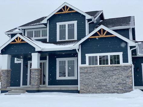 Navy And Gray House Exterior, Blue And White Craftsman House, Dark Navy Blue Siding House, Gray And Navy Exterior House Colors, Blue House Ideas Exterior, Navy Blue Lake House Exterior, Navy House Exterior With Stone, Navy Blue House White Trim, Blue Wood Siding Exterior