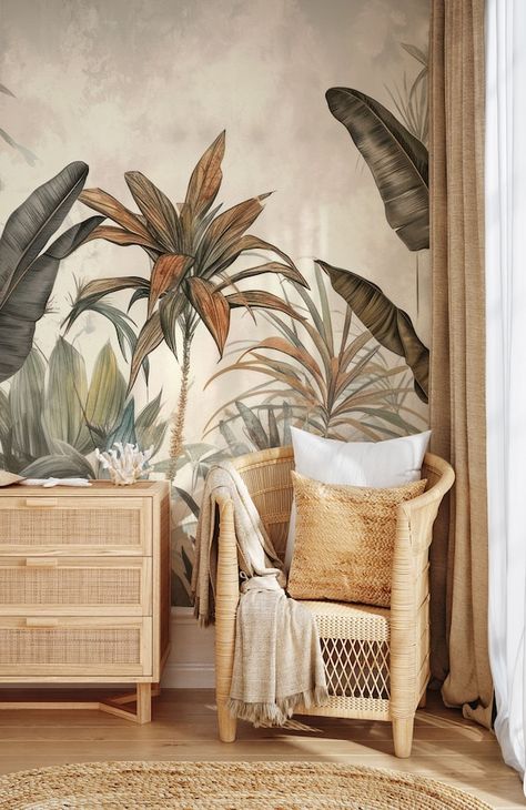 Vintage Tropical Leaf Wallpaper Wall Decor Home Renovation Wall Art Peel and Stick or Non Self-adhesive Vinyl Wallpaper - Etsy Canada Tropical Vintage Decor, Wallpaper Restaurant Design, Boho Wallpaper Room, Wallpaper For Restaurant Wall, Boho Moodboard, Tropical Home Design, Tropical Leaf Wallpaper, Bali Aesthetic, Tropical Bedroom