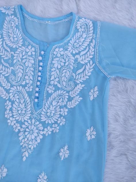 Chikankari Neck Designs, Chickenkari Designs, Chickenkari Kurti, Chikankari Design, Chicken Kari, Cotton Frocks For Kids, Phulkari Embroidery, Embroidery Suits Punjabi, Girls Dresses Diy