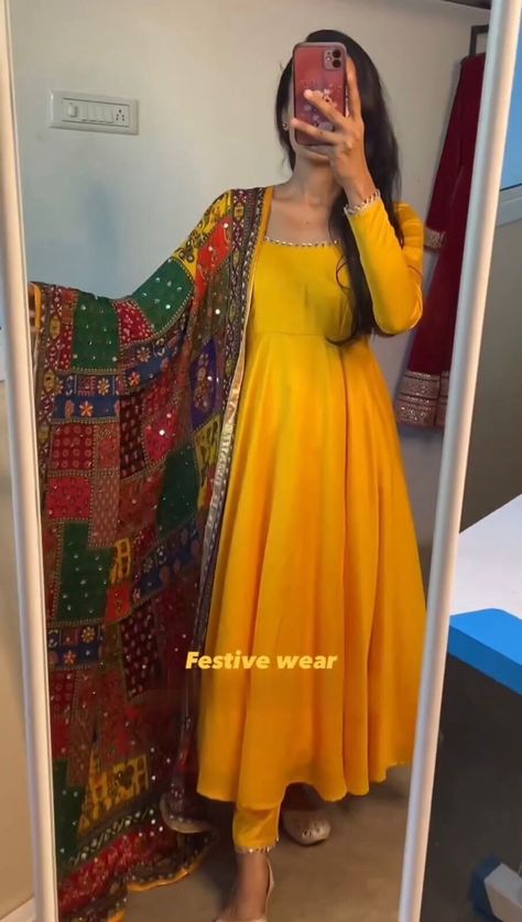 Satin Anarkali Dress, Satin Anarkali, Haldi Function Dress, Long Anarkali Kurti, Silk Anarkali Gown, Long Anarkali Dress, Mirror Lace, Fancy Dupatta, Kurti With Dupatta