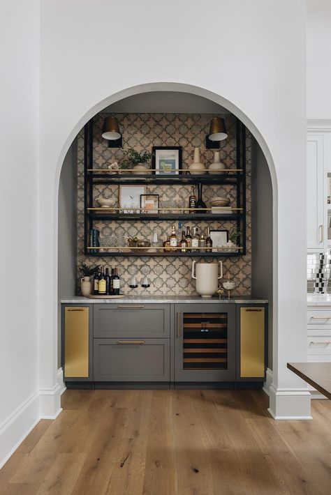 Spanish Style Wet Bar, Bar Alcove, Wet Bar Cabinets, Bar Nook, Cabinet Door Designs, Bar Cabinets, Bar Shelves, Built In Bar, Glass Front Cabinets