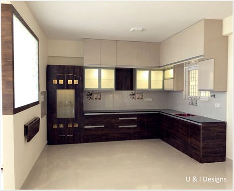 Here you will find photos of interior design ideas. Get inspired! Kitchen With Pooja Room, Pooja Room In Kitchen, Pooja Room In Kitchen Ideas, Indian Kitchen Ideas, Profile Handles, Home Design Kitchen, Modular Kitchen Cabinets, Kitchen Appliances Design, Bedroom Cupboard