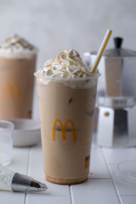 The Best Mcdonald's Caramel Iced Coffee Recipe - Simple Copycat Recipes Mcdonalds Iced Caramel Coffee Recipe, Mcdonalds Caramel Frappe Recipe Copycat, Mcdonald’s Caramel Ice Coffee, Frozen Iced Coffee Recipe, Dairy Free Iced Coffee Recipe, Biggby Coffee Copycat Recipes, Ninja Iced Coffee, Carmel Machiatto Iced Coffee, Mcdonalds Iced Coffee Recipe