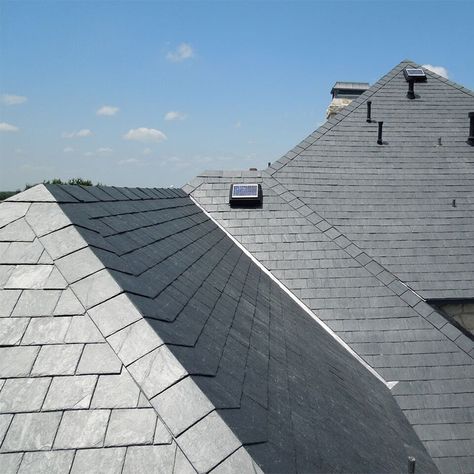 Grey slate Del Carmen roof tiles in natural Spanish slate Grey Roof Tiles, Slate Roof House, Flat Roof Tiles, Grey Slate Tile, Roof Materials, Ridge Tiles, Slate Roof Tiles, Roofing Tiles, Roof Cap