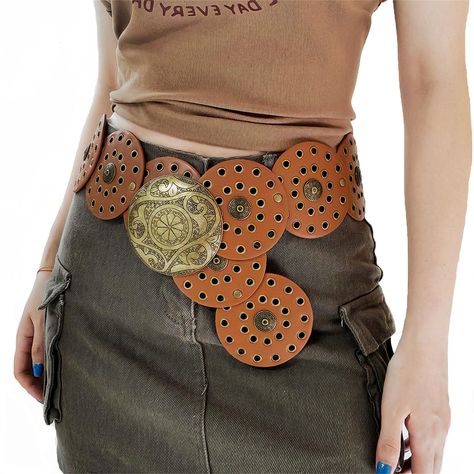 PRICES MAY VARY. Material: It is made of leather and iron buckle, durable and will not be broken easily. Features: Vintage boho oval disc concho leather belt, concho belts for women western, chunky leather belts for women, y2k aesthetic grunge waist belt, boho belt for dress, hollow out concho belt, rivet belt women, y2k womens belt, wide waist leather belt for dresses, ladies western belt. Size: Each style is different length, suitable for most figures. Occasion: Suitable for going out, daily w Belt Aesthetic, Belts Aesthetic, Belt Y2k, Grunge Western, Wide Belts For Women, Grunge Accessories, Boho Belts, Vintage Cowboy, Casual Belt