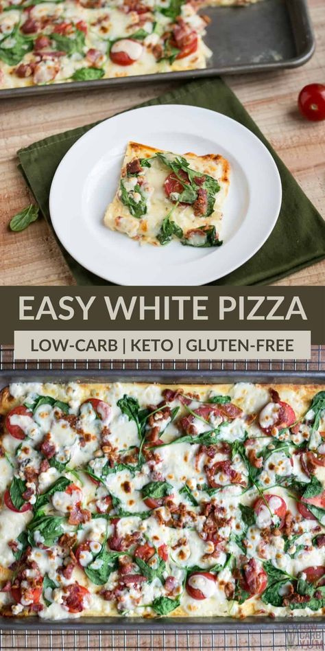 An easy to make keto low carb white sauce pizza recipe. The crust cooks right in the pan with no rolling required. It's sure to become a regular! | LowCarbYum.com White Sauce Pizza Recipe, White Sauce Pizza, White Pizza Sauce, Low Sugar Diet Recipes, Dinner Recipes Healthy Low Carb, Healthy Low Carb Snacks, Low Carb Low Fat Recipes, White Pizza, Boiled Egg Diet Plan