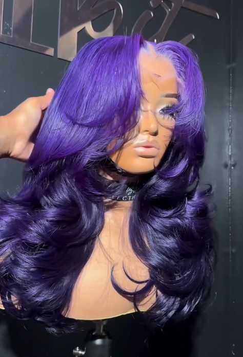 Purple Updo Wig, Purple Wig Hairstyles, Purple Hair On Dark Skin, Purple Wigs Black Women, Black And Purple Wig, Colored Wigs On Dark Skin, Purple Hair Black Women, Purple Wig With Bangs, Cosplay Hairstyles