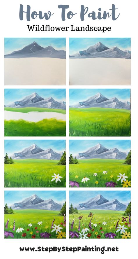 Acrylic Painting Tutorial Step By Step Online for members. Learn how to paint a Spring landscape with wildflowers and mountains. Landscape Drawing Easy Step By Step, Easy Acrylic Painting Ideas Mountains, Step By Step Painting Mountains, How To Draw Landscape Easy, How To Landscape Painting, Landscape Acrylic Painting For Beginners, Landscape Drawings Tutorial, How To Draw Mountains Acrylic, How To Paint Spring