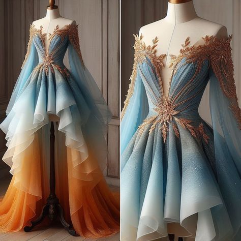 Autumn Court Dresses Acotar, Air Inspired Dress, Ombre Dress Casual, Elemental Fashion, Prom Dress Diy, Gold Christmas Dress, Blue And Orange Dress, Ombre Dresses, Harem Dress