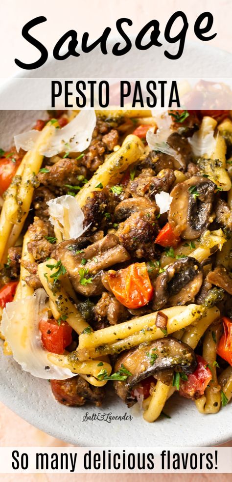 Sausage Pesto Pasta, Recipes Using Pesto, Sausage And Peppers Pasta, Pesto Pasta Recipe, Sausage Pasta Recipes, Italian Sausage Pasta, Pesto Pasta Recipes, Italian Sausage Recipes, Hot Italian Sausage