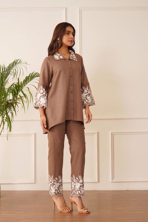 Khadi Clothes, Co Ords Outfits Indian, Cod Set, Indian Closet, Co Ords Outfits, White Floral Embroidery, Stylish Kurtis Design, Lawn Dresses, Trendy Suits