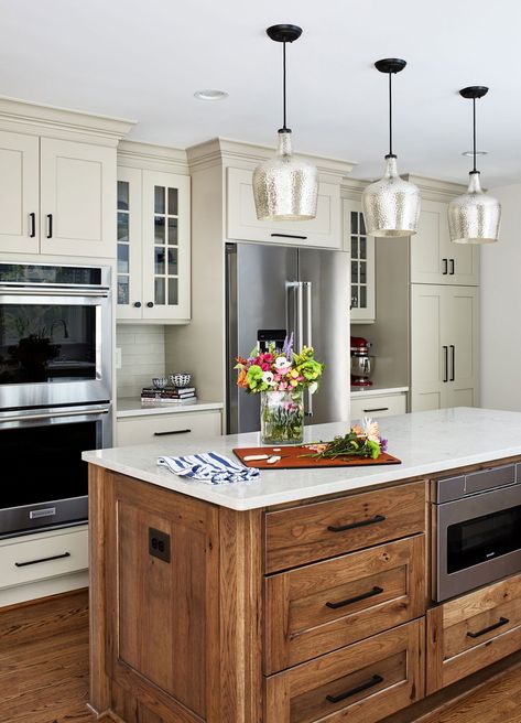 Perfect Beige & Rustic Kitchen - Crystal Cabinets White With Wood Kitchen, Beige Cabinets Kitchen, Space Saving Kitchen Table, Gray Tile Backsplash, Light Wood Kitchens, Beige Cabinets, Recessed Panel Cabinets, Kitchen Transitional, Award Winning Kitchen