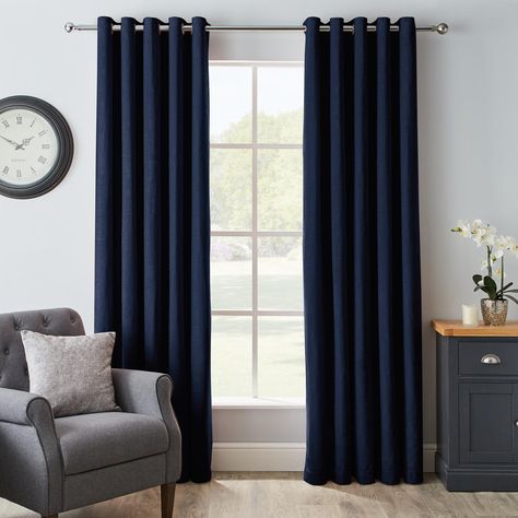 Navy Curtains Living Room, Townhome Inspiration, Work Nook, Dark Blue Curtains, Navy Lounge, Curtains Dunelm, Navy Curtains, Navy Blue Curtains, Classic Curtains