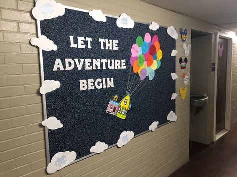 Let the Adventure Begin Kindergarten Hallway Bulletin Boards, Let The Adventure Begin Bulletin Board, Up Bulletin Board, School Year Themes, Hallway Bulletin Boards, Kindergarten Bulletin Boards, Disney Themed Classroom, Elementary Classroom Themes, Reading Buddies