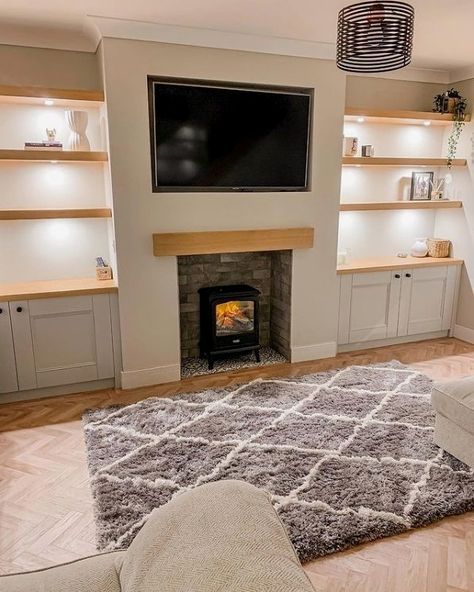 Living Room Woodburner, Chimneys Ideas Living Room, Living Room Designs Around Fireplace, Front Room Built Ins, Cosy Rugs In Living Room, Front Room Fireplace, Frontroom Decor Ideas, Lounge Renovation Ideas, Fireplace Rug Ideas