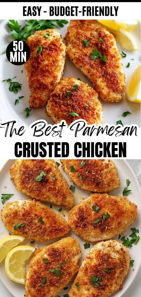 baked Parmesan Crusted Chicken breast topped with fresh herbs and served with a lemon wedge. Crusted Chicken Parmesan, Baked Parmesan Chicken, Parmesan Crusted Chicken Recipe, Chicken Parmesan Recipe Easy, Baked Chicken Parmesan, Parmesan Crusted Chicken, Parmesan Chicken, Citrus Chicken, Parmesan Crusted