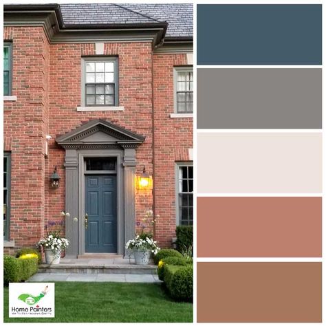 Top Colours For Exterior Brick Paint and Stain | Home Painters Toronto Brick Colour Palette, Exterior Brick Paint, Brick Exterior Colors Schemes, Brick Palette, Brick House Exterior Colors Schemes, Orange Brick Houses, Brick Paint Colors, Brick Houses, Orange Brick