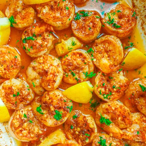 Baked Shrimp with garlic lemon butter - Ronalyn Alston Baked Potato Dinner, Oven Baked Shrimp, Shrimp In The Oven, Shrimp With Garlic, Parmesan Roasted Broccoli, Lemon Garlic Butter Shrimp, Skillet Dinner Recipes, Potato Dinner, Shrimp Dinner