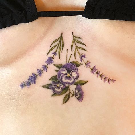 Erika Vendett Ink on Instagram: “A little dabble in color 💅 A pansy/lavender sternum piece for Seika who sat like a champ 💪💁‍♀️would love to do more floral work like this 👍…” Lavender Chest Tattoo, Lavender Sternum Tattoo, Lavender Menace Tattoo, Botanical Sternum Tattoo, Sternum Tattoo Floral, Sternum Flower Tattoo, Flower Sternum Tattoo, Floral Sternum Tattoo, Sternum Piece