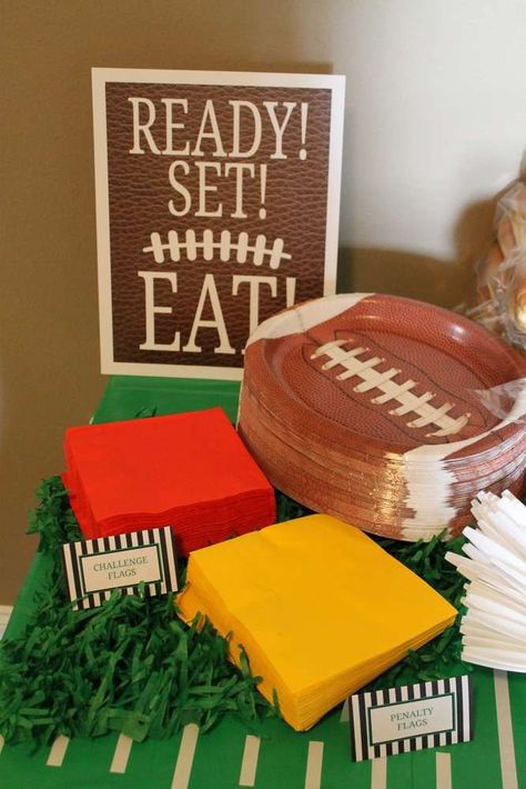 Ready to eat at a football birthday party! See more party planning ideas at CatchMyParty.com! Football Themed Birthday Party, Football Baby Shower, Sports Theme Birthday, Sports Birthday Party, Football Theme Party, Football Birthday Party, Super Bowl Party, Football Themes, Football Ball