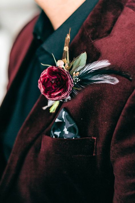 Burgundy velvet suit - boutonniere with feathers - Denver Clock Tower wedding #groom #groomsmen #mensfashion #groomsmenattire #wedding #weddingplanning #bestman #groomattire #groomstyle #groomoutfits #mensweddingoutfits #engaged Jewel Tone Mens Suit, Jewel Tone Suit Groom, Jewel Tone Wedding Suit, Jewel Tone Boutonniere, Velvet Wedding Suit, Maroon Wedding Suit, Maroon Wedding Dress, Dark Red Wedding, Feather Boutonniere