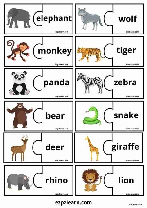 Free Printable Puzzle Match Game Topic Wild Animals For Kids ESL Resource Vocabulary Games For Kids, English Games For Kids, Animal Matching Game, Animal Activities For Kids, Family Worksheet, English Activities For Kids, Kids Worksheets Preschool, Learning English For Kids, Match Game