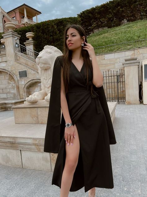 Cape Sleeves, Cape Dress, Gorgeous Clothes, Real Women, Cape, High Low Dress, Dress Length, Slip Dress, Black Dress