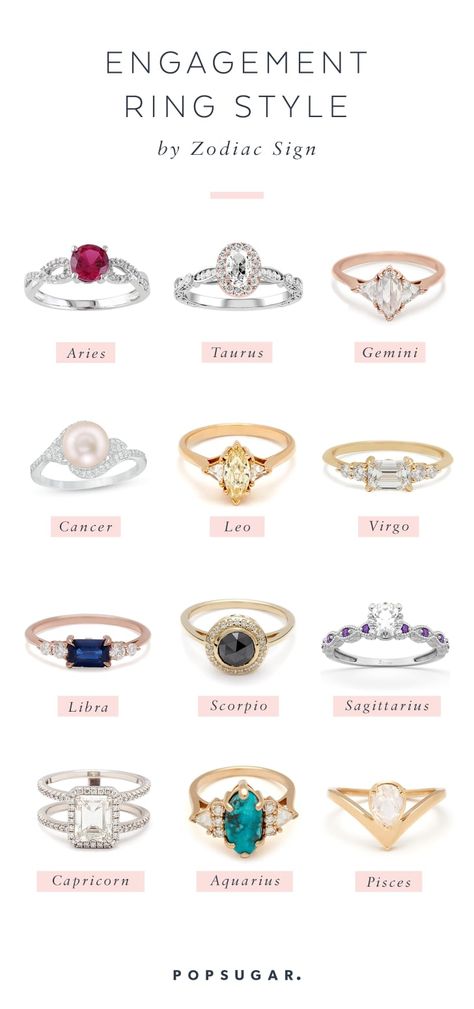 Engagement Ring Styles by Zodiac Sign 2019 Capricorn Engagement Ring, Aquarius Wedding Ring, Gemini Engagement Ring, Zodiac Wedding, Zodiac Sign Jewelry, Aries Birthstone, Zodiac Fashion, Zodiac Rings, Zodiac Signs Taurus