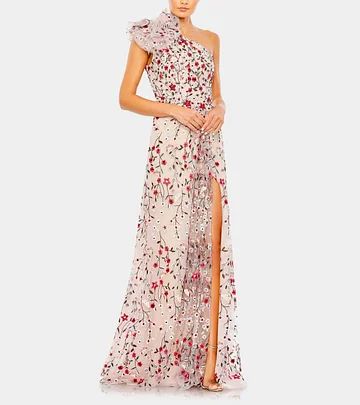 Fashion Gown-MC-Floral2 Long Formal Gowns, Mac Duggal Dresses, One Shoulder Gown, Evening Gowns Elegant, Western Chic, Girly Dresses, Embroidered Tulle, Mac Duggal, A Line Gown