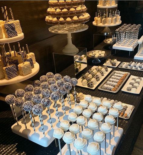 50th Birthday Sweet Table Ideas, Black And White Wedding Cake Table, Black And Silver Dessert Table Ideas, Black And White Wedding Dessert Table, Silver Foods For Party, Black And White Party Food Snacks, Black Sweets Table, Silver Food, Black And Silver Dessert Table