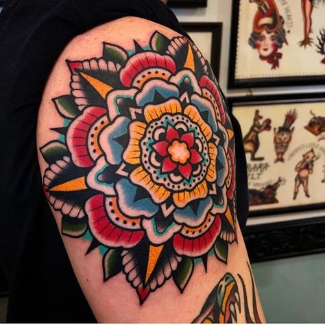 Traditional Mandala Tattoo, Traditional Flower Tattoo, Tattoo Elbow, Mandala Flower Tattoos, Traditional Tattoo Flowers, Traditional Sleeve, Traditional Flower, Traditional Tattoo Sleeve, Elbow Tattoos