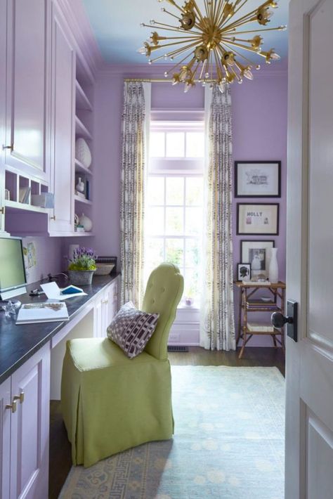 Margaret Kirkland Gives a Traditional Georgian a Colorful Makeover - The Glam Pad Purple Home Office, Purple Office, Aesthetic Furniture, Georgian Style Homes, Glam Pad, Blue Ceilings, White Marble Tiles, Purple Interior, Purple Rooms