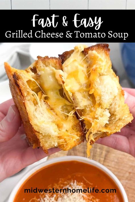 Comfort food made easy! This grilled cheese and tomato soup recipe features a rich, creamy soup with a shortcut and oven-baked grilled cheese sandwiches, so everyone gets a hot, melty sandwich -- even you! Oven Grilled Cheese, Baked Grilled Cheese, Midwestern Home, Creamy Tomato Soup Recipe, Grilled Cheese And Tomato Soup, Easy Grilled Cheese, Italian Stuffed Peppers, Tomato Soup Easy, Making Grilled Cheese