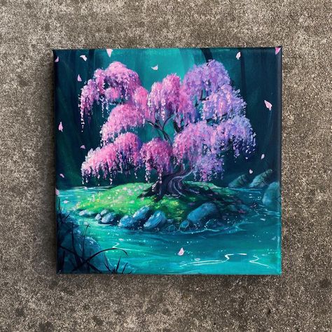 Acrylic cherry blossom fantasy scene painting by gouache artist BleesArt. Fantasy Painting Ideas Easy, Fantasy Gouache Painting, Simple Fantasy Painting, Witchy Acrylic Painting, Fantasy Painting Easy, Art Inspiration Painting Acrylics, Fairy Painting Ideas, Fantasy Canvas Painting, Painting Ideas Purple