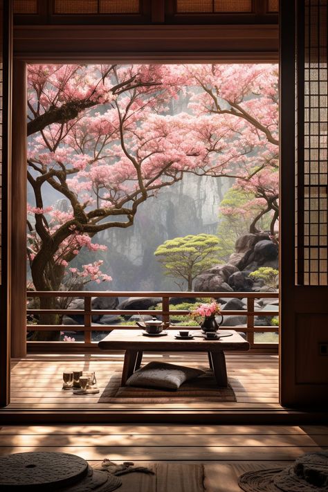 Traditional Machiya Room with a View of the Cherry Blossom Landscape Japan Interior, Garden Landscaping Ideas, Japanese Garden Landscape, Japanese Home Design, Modern Outdoor Spaces, Cherry Blossom Japan, Japanese Style House, Chinese Interior, Japanese Tree