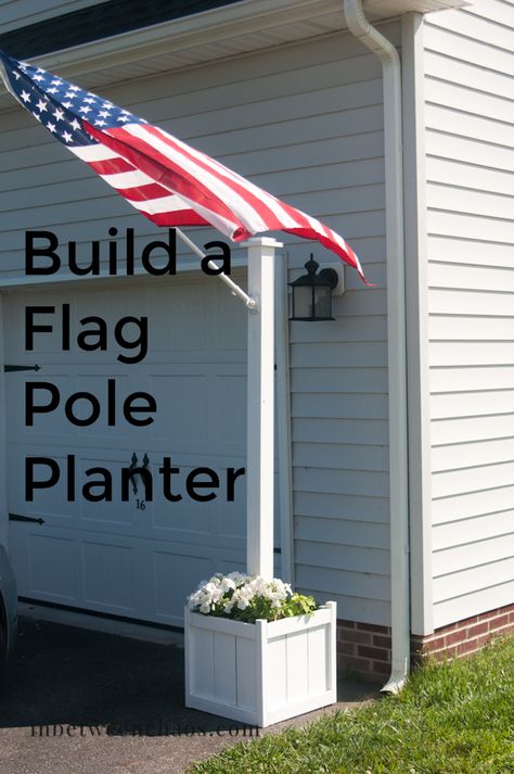 Flag Pole Planter | inbetweenchaos.com Hanging Flag On House, Diy Flag Holder, Flag On House, Diy Flag Pole, Pvc Flag Pole, Front Porch Flag, Flag Pole Landscaping, Garden Flags Ideas, Blue Fly