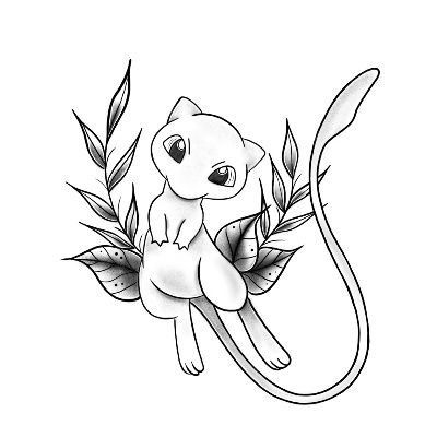 Pokemon Black Tattoo, Mew Pokemon Drawing, Mew Tattoo Ideas, Pokemon Line Tattoo, Mew Pokemon Tattoo, Pokémon Tattoo Ideas, Pokemon Line Art, Mew Drawing, Pokemon Art Draw