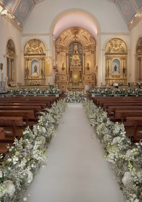 Chapel Aisle Decor, Holy Matrimony Decoration, Chapel Wedding Decor, Small Church Wedding Decorations, Church Aisle Decorations Wedding, Church Decorations Wedding, Wedding Ceremony Church, Church Wedding Decorations Aisle, White Chapel Wedding