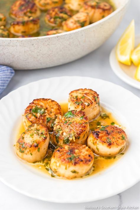 These crusted Seared Scallops are basted with a fresh lemon garlic butter pan sauce for an easy and impressive seafood dish. #scallops #searedscallops #seafoodrecipes #lemonbutter #scallopswithlemon #cookedscallops pansearedscallops Homemade Jambalaya, Grilled Trout, Lemon Garlic Butter Sauce, How To Cook Scallops, Grilled Scallops, Dried Scallops, Pan Seared Scallops, Pan Sauce, Seared Scallops