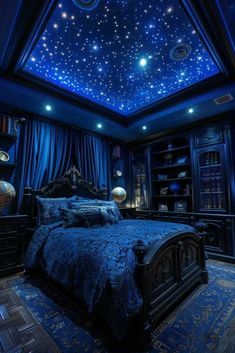 Celestial Bedroom Aesthetic, Dark Fantasy Bedroom, Dark Blue Room, Magic Bedroom, Fantasy Bedrooms, Fantasy Bedroom Ideas, Dark Blue Rooms, Celestial Room, Night Bedroom