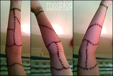 this is more like what i want one the back of my arms/legs Frankenstein Stitches Tattoo, Zombie Tattoo Ideas, Zombie Tattoo, Flesh Tattoo, Zombie Tattoos, Stitch Tattoo, Funky Tattoos, Scar Tattoo, Creepy Tattoos